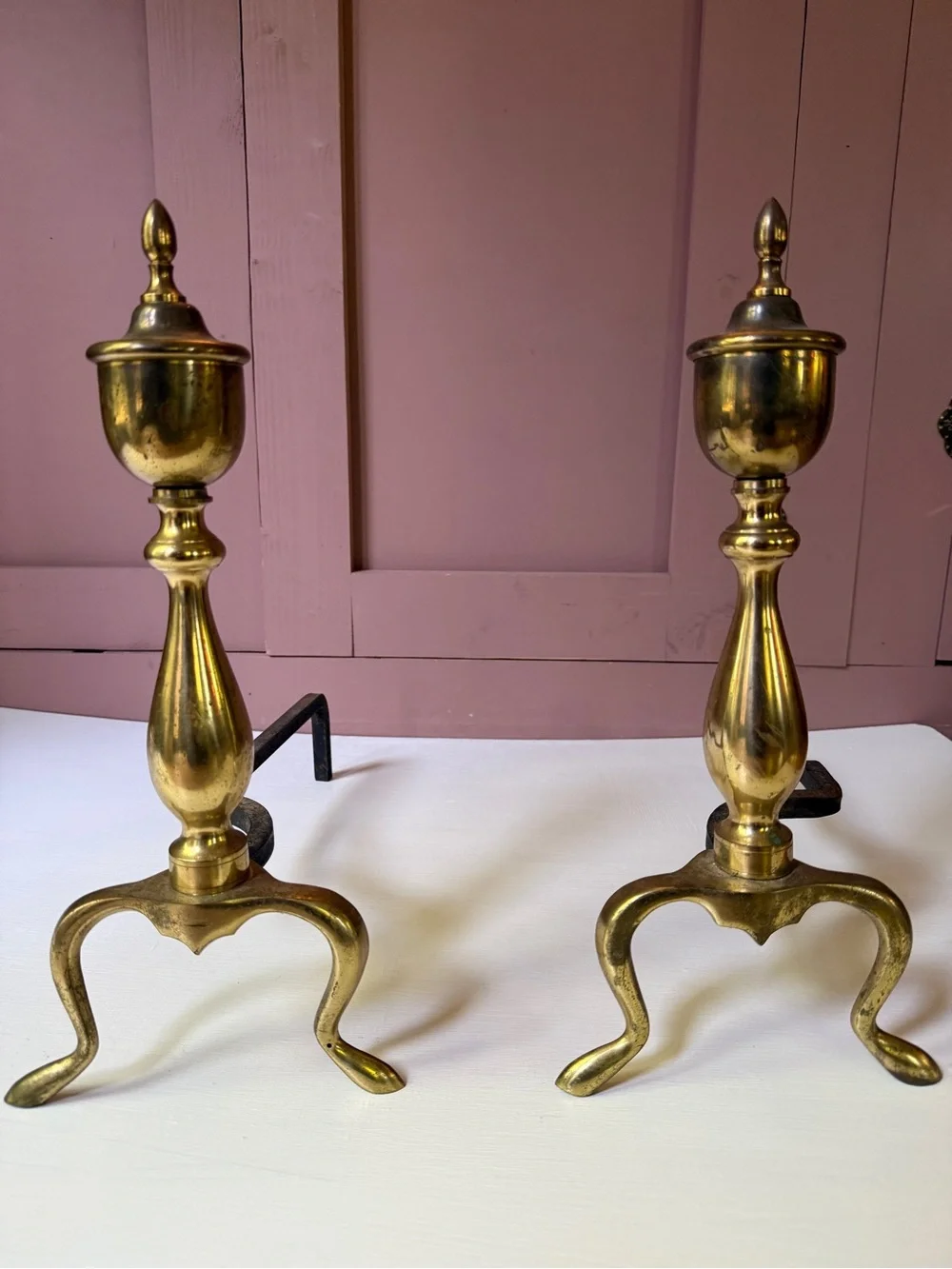 Vintage Brass & Cast Iron Fireplace Andirons Federal Style